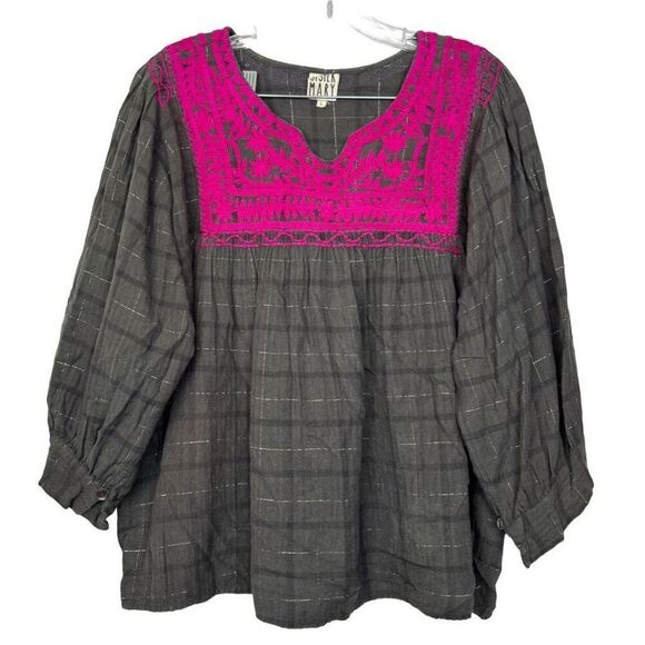 Sister Mary Tops - Sister Mary Patsy Ray Plaid Top Large Gray Pink Embroidered Boho 3/4 Sleeves